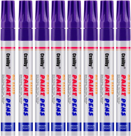 Purple Paint Markers, 8 Pack Oil-Based Waterproof Quick Dry Permanent Paint Pen Set